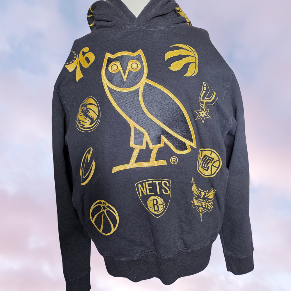 OVO October's Very Own NBA Team Icons Black Gold Streetwear OG Owl Hoodie Sz M - Picture 2 of 9